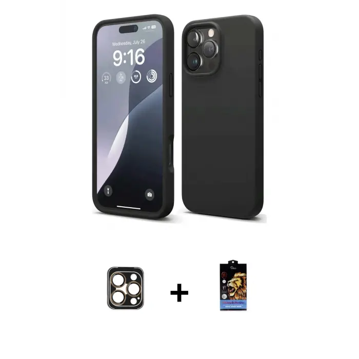 ieg™ iPhone 16 Pro Max Kılıf Kozmos Yansıma Özel Seri - Siyah Buffer Hayalet Cam Ekran Koruyucu + PVD Metal Kamera Lens - GD