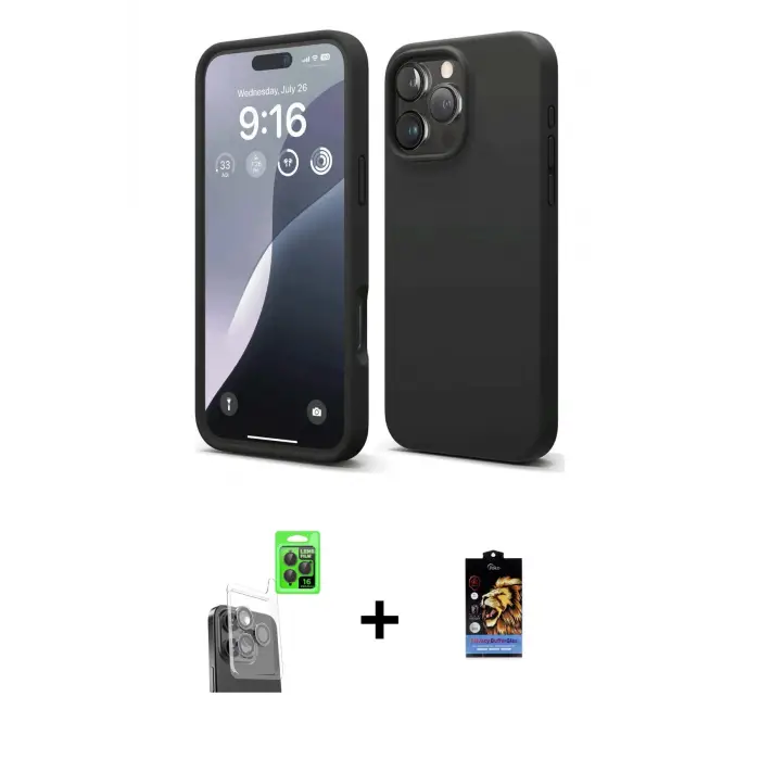 ieg™ iPhone 16 Pro Max Kılıf Kozmos Yansıma Özel Seri - Siyah Buffer Hayalet Cam Ekran Koruyucu + Raze Metal Kamera Lens - SH