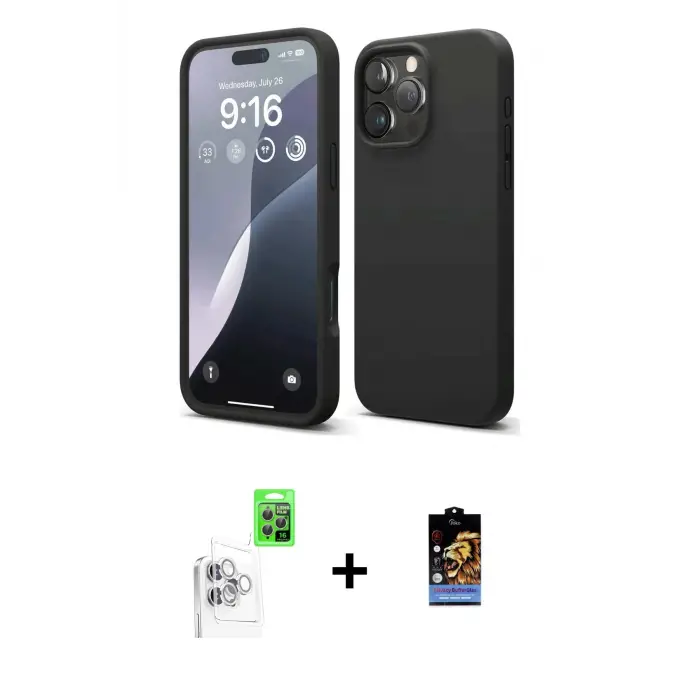ieg™ iPhone 16 Pro Max Kılıf Kozmos Yansıma Özel Seri - Siyah Buffer Hayalet Cam Ekran Koruyucu + Raze Metal Kamera Lens - BZ