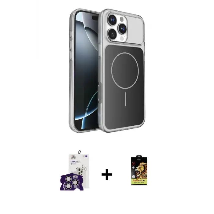 ieg™ iPhone 16 Pro Max Kılıf Kutup Doku Serisi - Siyah Buffer Cam Ekran Koruyucu + Bilvis Titan Kamera Lens - GS