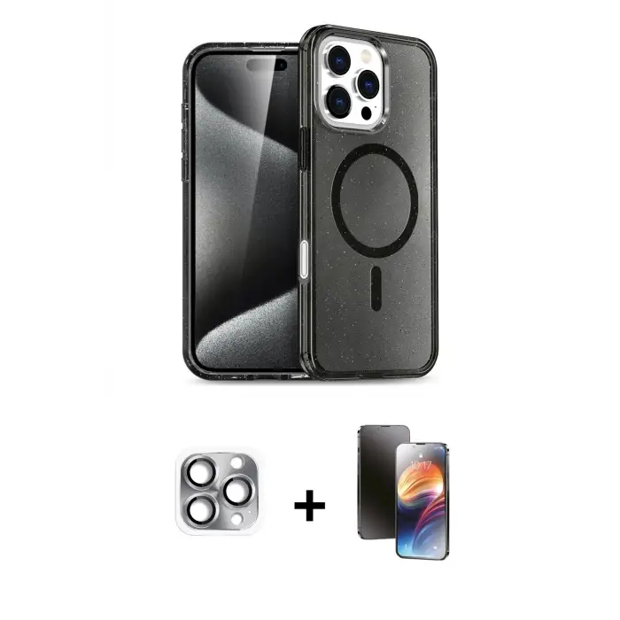 ieg™ iPhone 16 Pro Max Kılıf Nova Asil Prime - Siyah 3D Antistatik Mat Seramik Nano Ekran Koruyucu + Pers Alüminyum Kamera Lens - GI