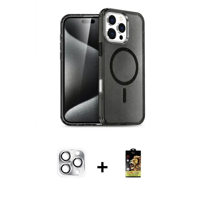 ieg™ iPhone 16 Pro Max Kılıf Nova Asil Prime - Siyah Buffer Cam Ekran Koruyucu + Pers Alüminyum Kamera Lens - GS