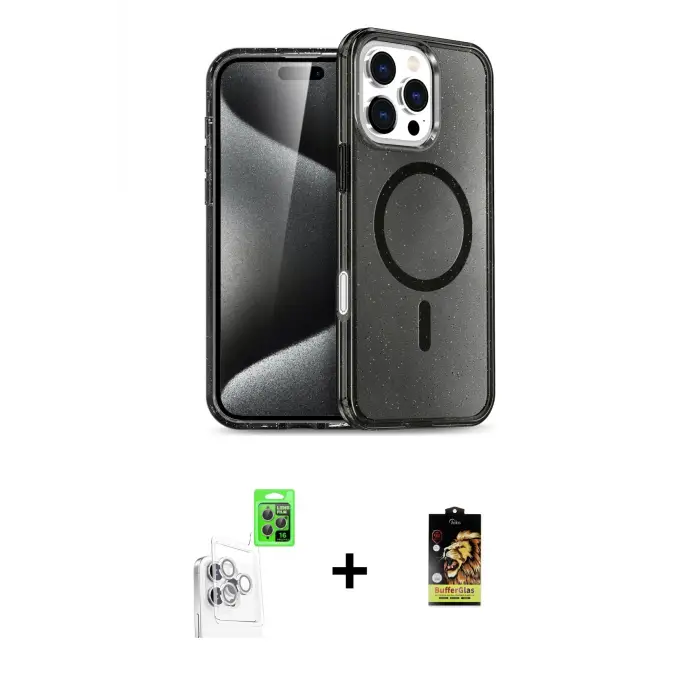 ieg™ iPhone 16 Pro Max Kılıf Nova Asil Prime - Siyah Buffer Cam Ekran Koruyucu + Raze Metal Kamera Lens - BZ