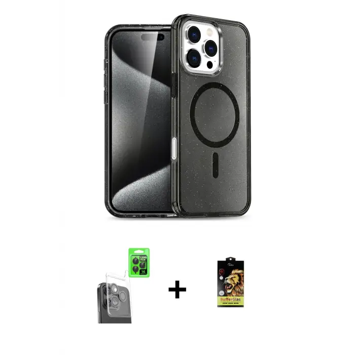 ieg™ iPhone 16 Pro Max Kılıf Nova Asil Prime - Siyah Buffer Cam Ekran Koruyucu + Raze Metal Kamera Lens - SH