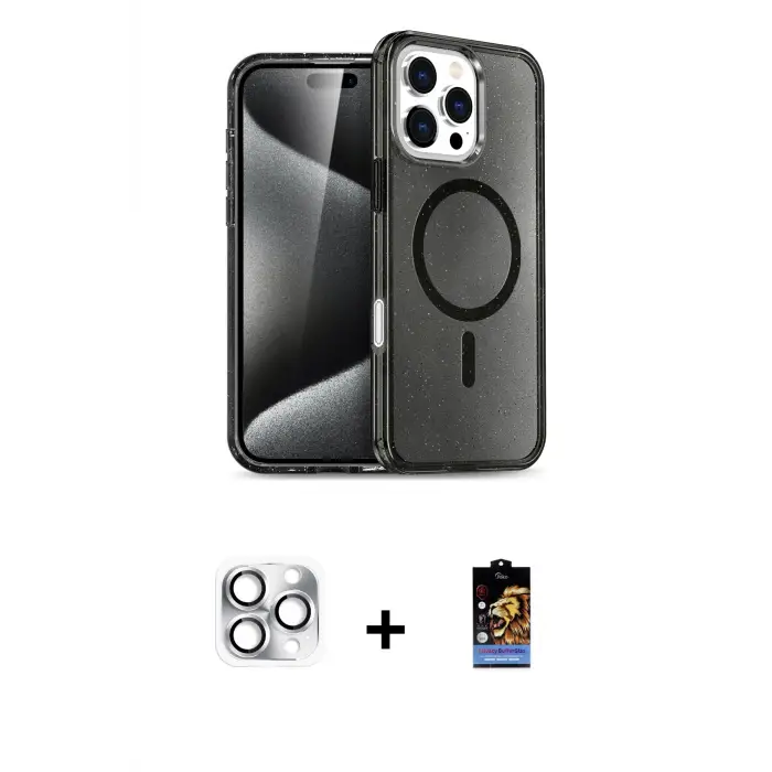 ieg™ iPhone 16 Pro Max Kılıf Nova Asil Prime - Siyah Buffer Hayalet Cam Ekran Koruyucu + Pers Alüminyum Kamera Lens - GS