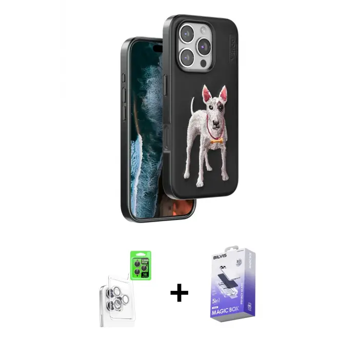 ieg™ iPhone 16 Pro Max Kılıf Nova Form Koleksiyonu - Siyah Bilvis 5in1 5D Magic Hayalet Cam Ekran Koruyucu + Raze Metal Kamera Lens - BZ