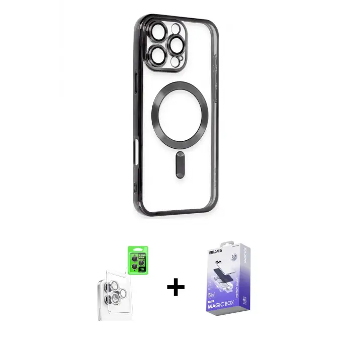 ieg™ iPhone 16 Pro Max Kılıf Nova Işık Özel Seri - Siyah Bilvis 5in1 5D Magic Hayalet Cam Ekran Koruyucu + Raze Metal Kamera Lens - BZ