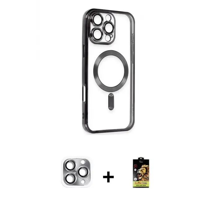 ieg™ iPhone 16 Pro Max Kılıf Nova Işık Özel Seri - Siyah Buffer Cam Ekran Koruyucu + Pers Alüminyum Kamera Lens - GI