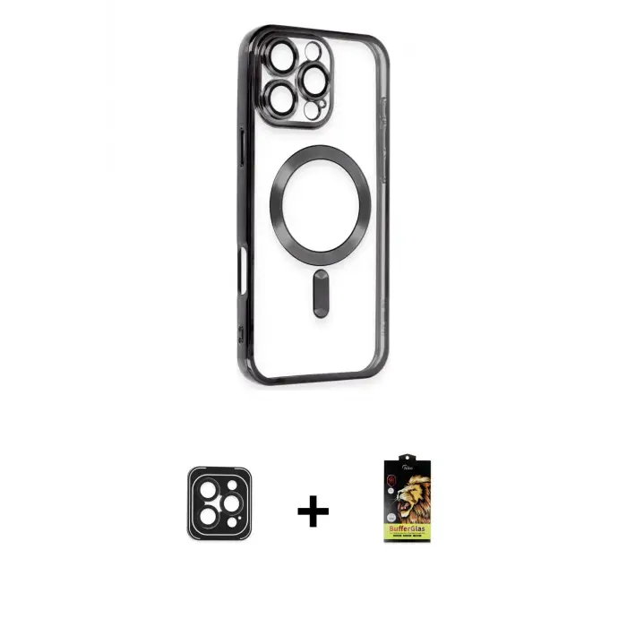 ieg™ iPhone 16 Pro Max Kılıf Nova Işık Özel Seri - Siyah Buffer Cam Ekran Koruyucu + PVD Metal Kamera Lens - SH