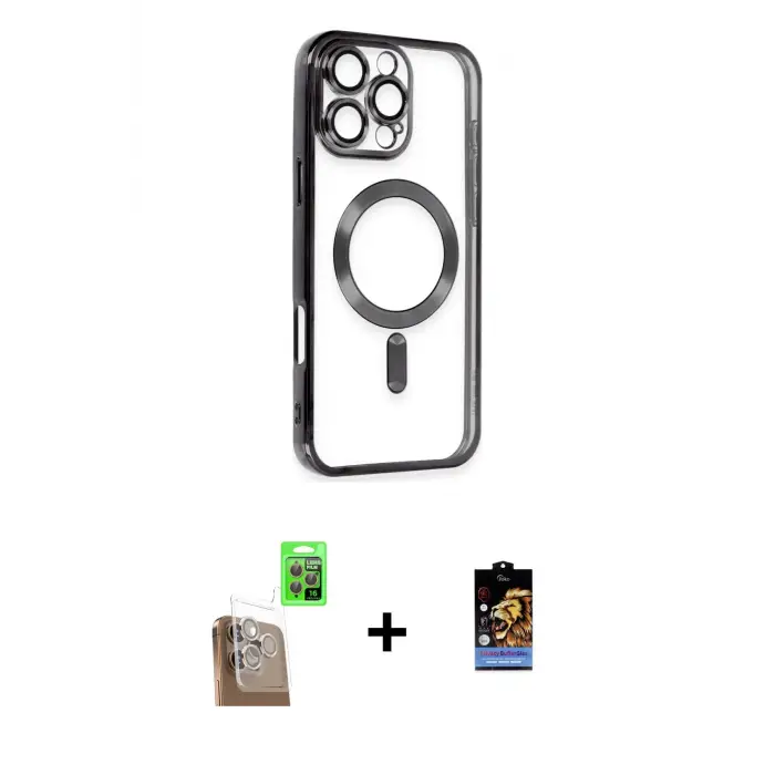ieg™ iPhone 16 Pro Max Kılıf Nova Işık Özel Seri - Siyah Buffer Hayalet Cam Ekran Koruyucu + Raze Metal Kamera Lens - CLTM