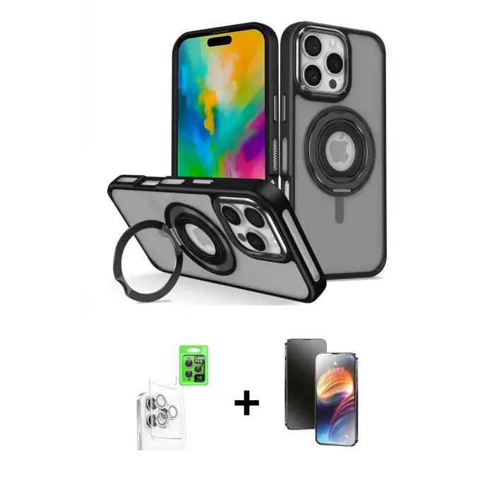 ieg™ iPhone 16 Pro Max Kılıf Nova Minimal Serisi - Siyah 3D Antistatik Mat Seramik Nano Ekran Koruyucu + Raze Metal Kamera Lens - BZ