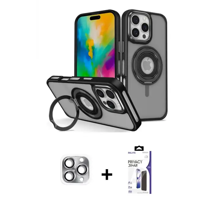 ieg™ iPhone 16 Pro Max Kılıf Nova Minimal Serisi - Siyah Bilvis 3X AR Hayalet Cam Ekran Koruyucu + Pers Alüminyum Kamera Lens - GI