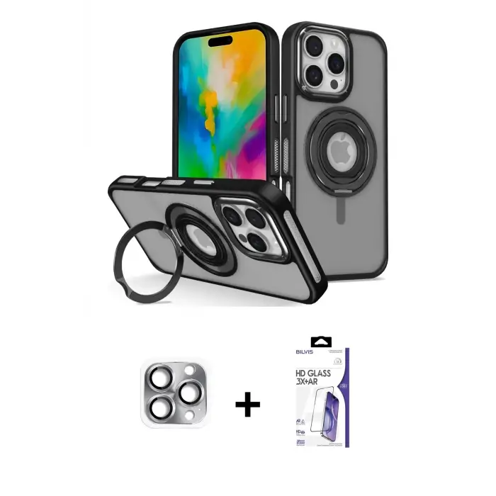 ieg™ iPhone 16 Pro Max Kılıf Nova Minimal Serisi - Siyah Bilvis 3X AR HD Cam Ekran Koruyucu + Pers Alüminyum Kamera Lens - GI