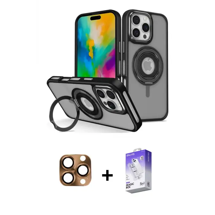 ieg™ iPhone 16 Pro Max Kılıf Nova Minimal Serisi - Siyah Bilvis 5in1 3D Magic Cam Ekran Koruyucu + Pers Alüminyum Kamera Lens - CLTM