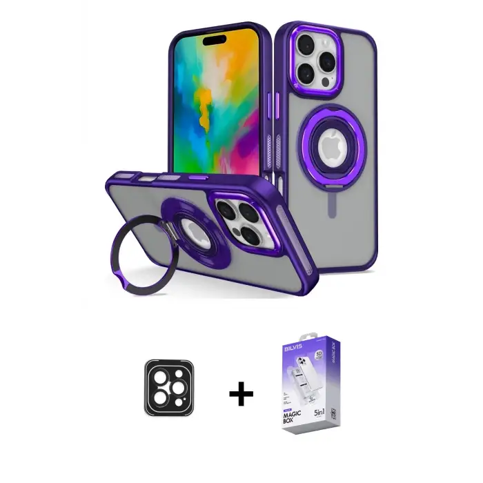 ieg™ iPhone 16 Pro Max Kılıf Nova Minimal Serisi - Siyah Bilvis 5in1 3D Magic Cam Ekran Koruyucu + PVD Metal Kamera Lens - SH