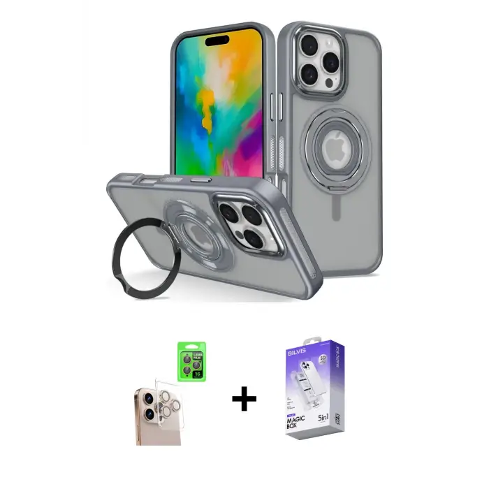 ieg™ iPhone 16 Pro Max Kılıf Nova Minimal Serisi - Siyah Bilvis 5in1 3D Magic Cam Ekran Koruyucu + Raze Metal Kamera Lens - NLGY