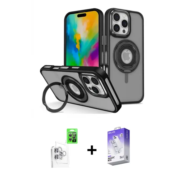 ieg™ iPhone 16 Pro Max Kılıf Nova Minimal Serisi - Siyah Bilvis 5in1 3D Magic Cam Ekran Koruyucu + Raze Metal Kamera Lens - BZ