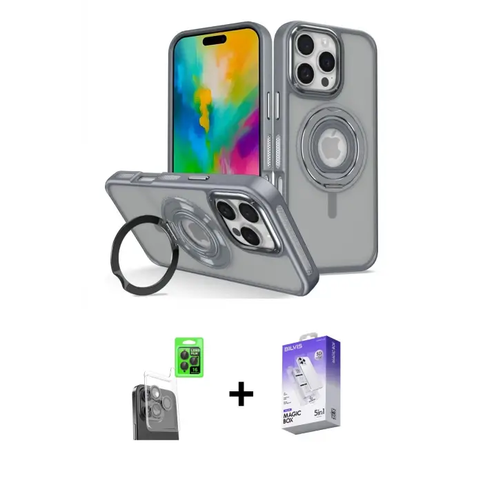 ieg™ iPhone 16 Pro Max Kılıf Nova Minimal Serisi - Siyah Bilvis 5in1 3D Magic Cam Ekran Koruyucu + Raze Metal Kamera Lens - SH