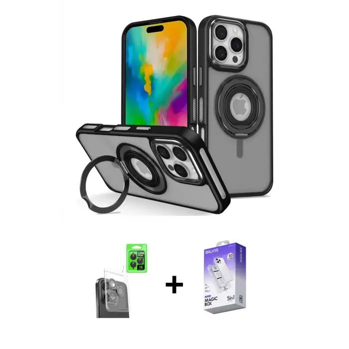 ieg™ iPhone 16 Pro Max Kılıf Nova Minimal Serisi - Siyah Bilvis 5in1 3D Magic Cam Ekran Koruyucu + Raze Metal Kamera Lens - SH