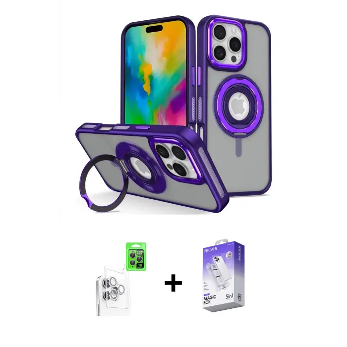 ieg™ iPhone 16 Pro Max Kılıf Nova Minimal Serisi - Siyah Bilvis 5in1 3D Magic Cam Ekran Koruyucu + Raze Metal Kamera Lens - BZ