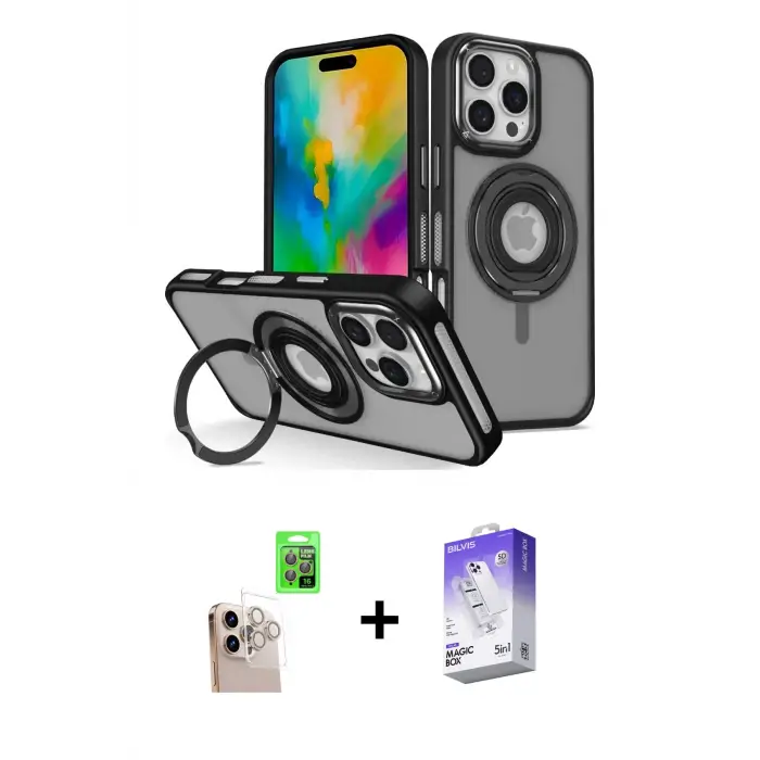 ieg™ iPhone 16 Pro Max Kılıf Nova Minimal Serisi - Siyah Bilvis 5in1 3D Magic Cam Ekran Koruyucu + Raze Metal Kamera Lens - NLGY