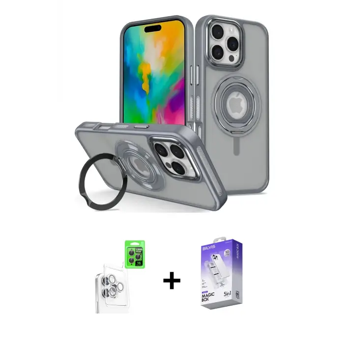 ieg™ iPhone 16 Pro Max Kılıf Nova Minimal Serisi - Siyah Bilvis 5in1 3D Magic Cam Ekran Koruyucu + Raze Metal Kamera Lens - BZ
