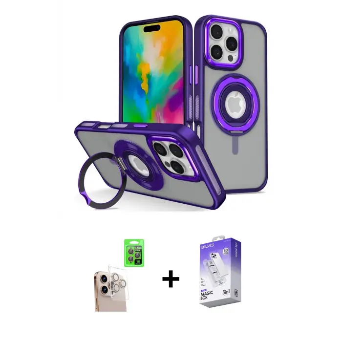 ieg™ iPhone 16 Pro Max Kılıf Nova Minimal Serisi - Siyah Bilvis 5in1 3D Magic Cam Ekran Koruyucu + Raze Metal Kamera Lens - NLGY
