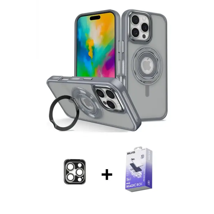 ieg™ iPhone 16 Pro Max Kılıf Nova Minimal Serisi - Siyah Bilvis 5in1 5D Magic Hayalet Cam Ekran Koruyucu + PVD Metal Kamera Lens - GS