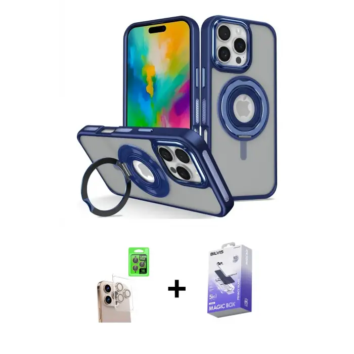 ieg™ iPhone 16 Pro Max Kılıf Nova Minimal Serisi - Siyah Bilvis 5in1 5D Magic Hayalet Cam Ekran Koruyucu + Raze Metal Kamera Lens - NLGY