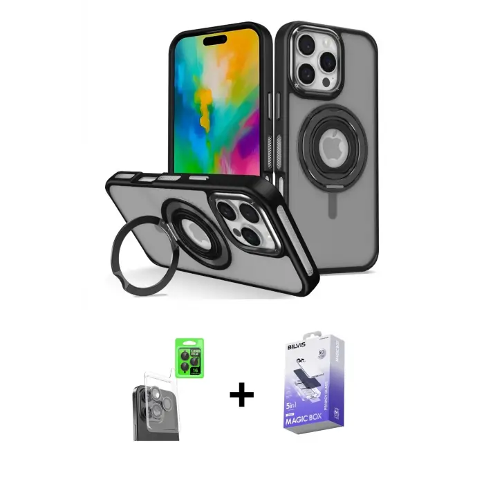 ieg™ iPhone 16 Pro Max Kılıf Nova Minimal Serisi - Siyah Bilvis 5in1 5D Magic Hayalet Cam Ekran Koruyucu + Raze Metal Kamera Lens - SH