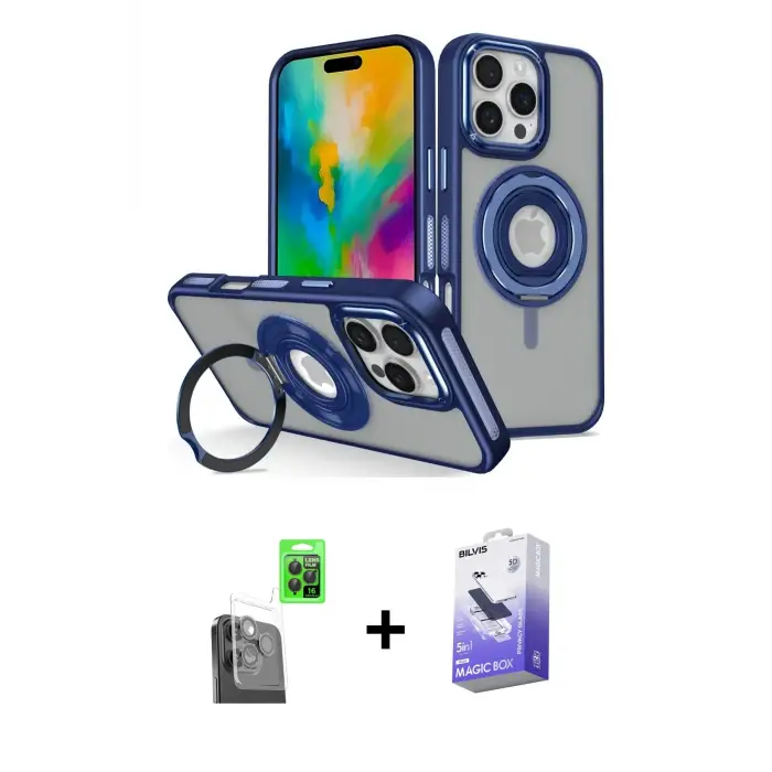 ieg™ iPhone 16 Pro Max Kılıf Nova Minimal Serisi - Siyah Bilvis 5in1 5D Magic Hayalet Cam Ekran Koruyucu + Raze Metal Kamera Lens - SH
