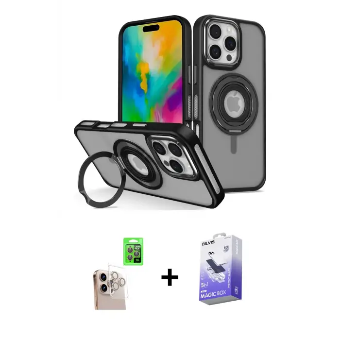 ieg™ iPhone 16 Pro Max Kılıf Nova Minimal Serisi - Siyah Bilvis 5in1 5D Magic Hayalet Cam Ekran Koruyucu + Raze Metal Kamera Lens - NLGY
