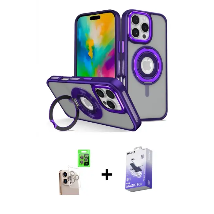 ieg™ iPhone 16 Pro Max Kılıf Nova Minimal Serisi - Siyah Bilvis 5in1 5D Magic Hayalet Cam Ekran Koruyucu + Raze Metal Kamera Lens - NLGY