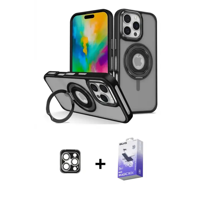 ieg™ iPhone 16 Pro Max Kılıf Nova Minimal Serisi - Siyah Bilvis 5in1 5D Magic Hayalet Cam Ekran Koruyucu + PVD Metal Kamera Lens - GS