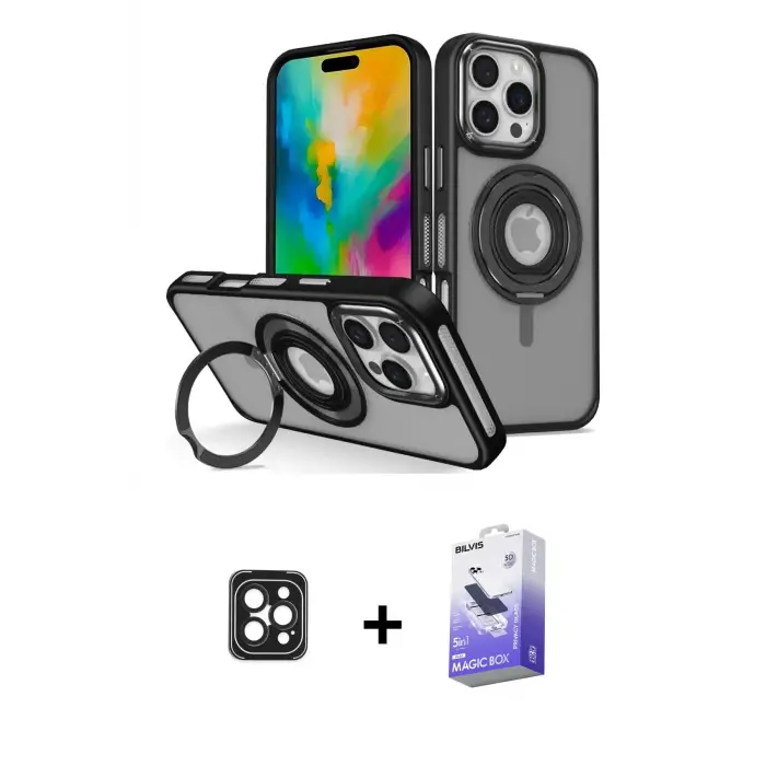 ieg™ iPhone 16 Pro Max Kılıf Nova Minimal Serisi - Siyah Bilvis 5in1 5D Magic Hayalet Cam Ekran Koruyucu + PVD Metal Kamera Lens - SH