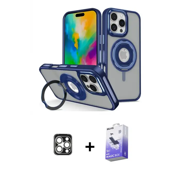 ieg™ iPhone 16 Pro Max Kılıf Nova Minimal Serisi - Siyah Bilvis 5in1 5D Magic Hayalet Cam Ekran Koruyucu + PVD Metal Kamera Lens - GS