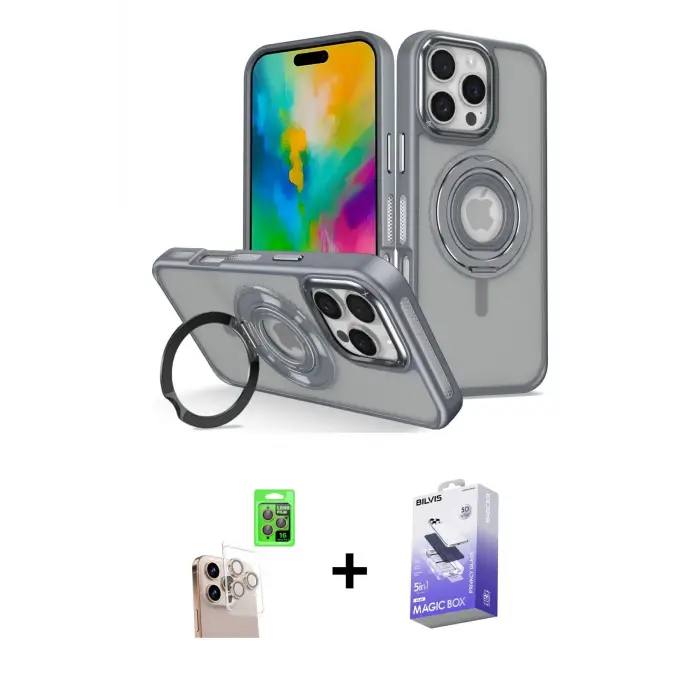 ieg™ iPhone 16 Pro Max Kılıf Nova Minimal Serisi - Siyah Bilvis 5in1 5D Magic Hayalet Cam Ekran Koruyucu + Raze Metal Kamera Lens - NLGY