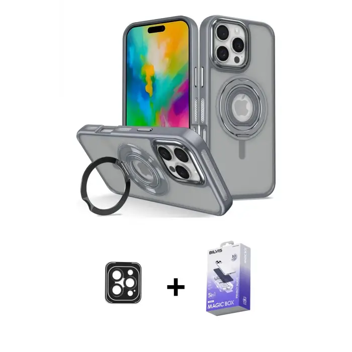 ieg™ iPhone 16 Pro Max Kılıf Nova Minimal Serisi - Siyah Bilvis 5in1 5D Magic Hayalet Cam Ekran Koruyucu + PVD Metal Kamera Lens - SH