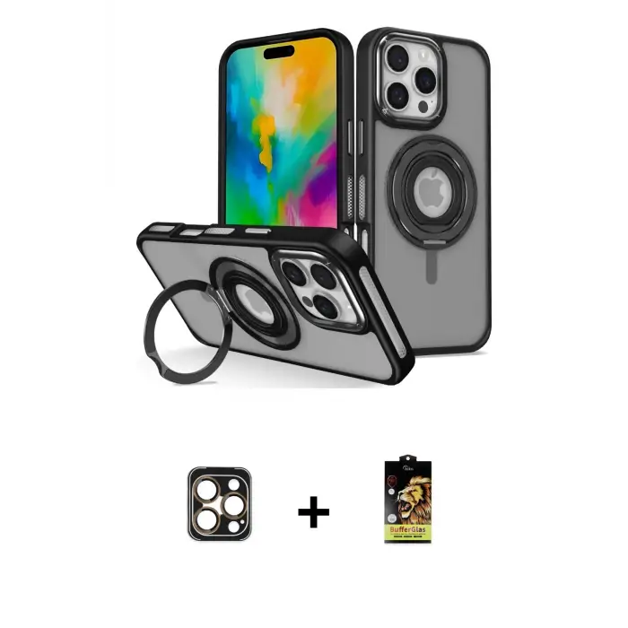 ieg™ iPhone 16 Pro Max Kılıf Nova Minimal Serisi - Siyah Buffer Cam Ekran Koruyucu + PVD Metal Kamera Lens - GD