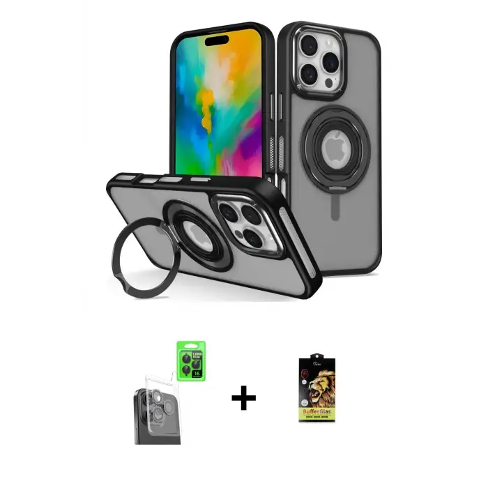 ieg™ iPhone 16 Pro Max Kılıf Nova Minimal Serisi - Siyah Buffer Cam Ekran Koruyucu + Raze Metal Kamera Lens - SH