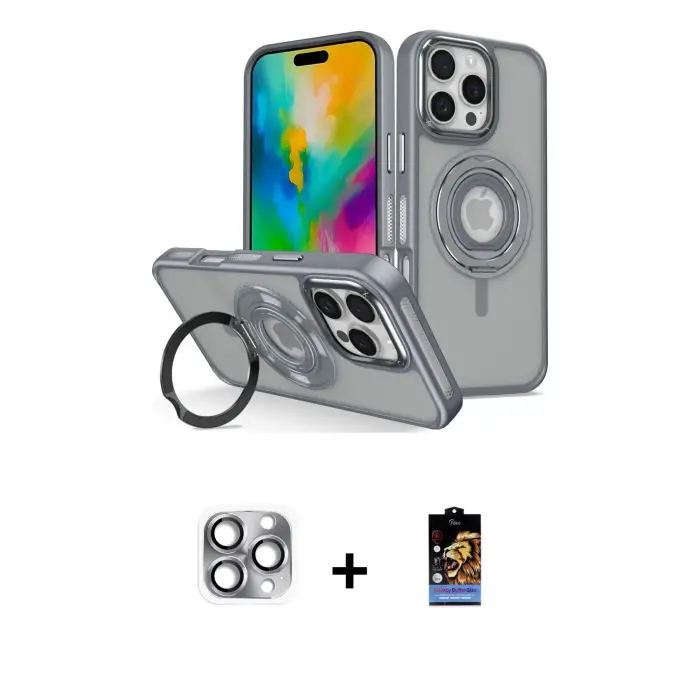 ieg™ iPhone 16 Pro Max Kılıf Nova Minimal Serisi - Siyah Buffer Hayalet Cam Ekran Koruyucu + Pers Alüminyum Kamera Lens - GI