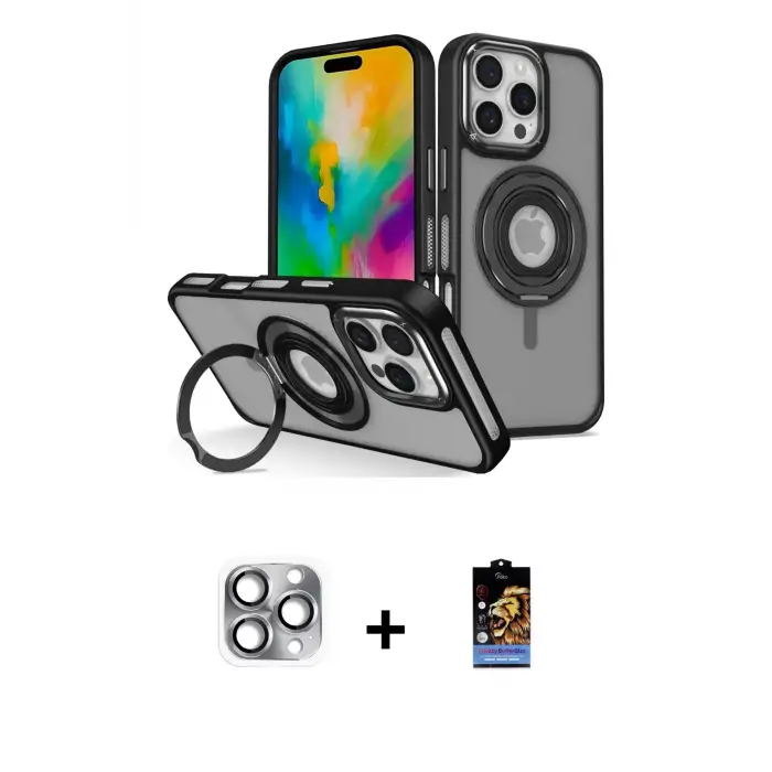 ieg™ iPhone 16 Pro Max Kılıf Nova Minimal Serisi - Siyah Buffer Hayalet Cam Ekran Koruyucu + Pers Alüminyum Kamera Lens - GI