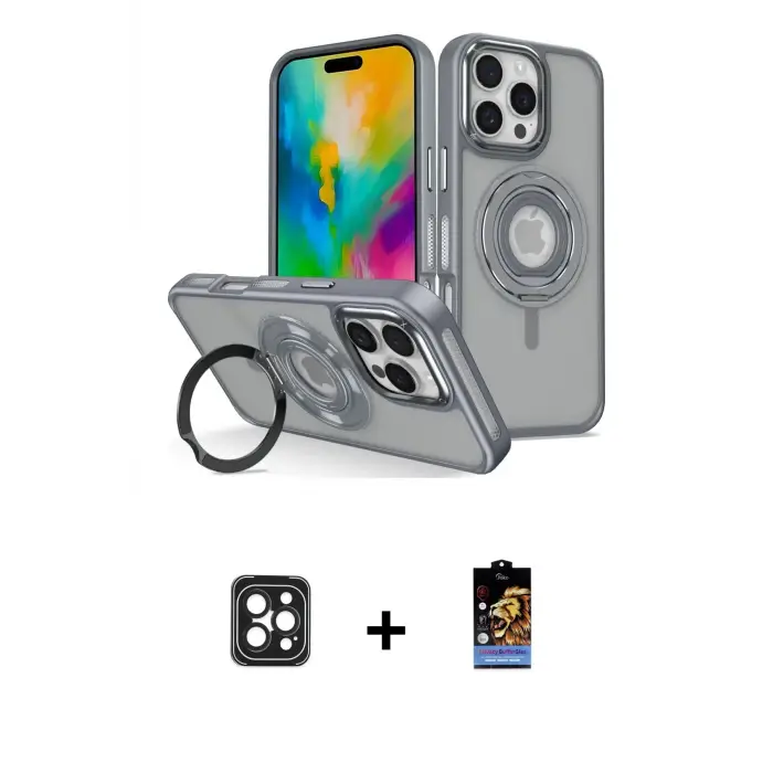 ieg™ iPhone 16 Pro Max Kılıf Nova Minimal Serisi - Siyah Buffer Hayalet Cam Ekran Koruyucu + PVD Metal Kamera Lens - SH