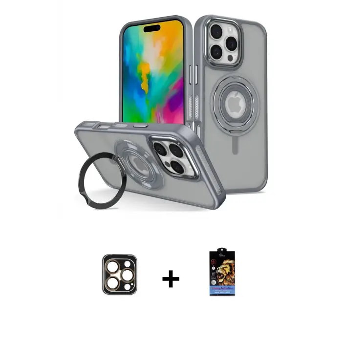 ieg™ iPhone 16 Pro Max Kılıf Nova Minimal Serisi - Siyah Buffer Hayalet Cam Ekran Koruyucu + PVD Metal Kamera Lens - GD