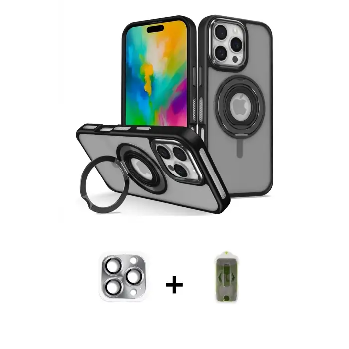 ieg™ iPhone 16 Pro Max Kılıf Nova Minimal Serisi - Siyah Joko Magic 5D Hayalet Cam + Pers Alüminyum Kamera Lens - GI