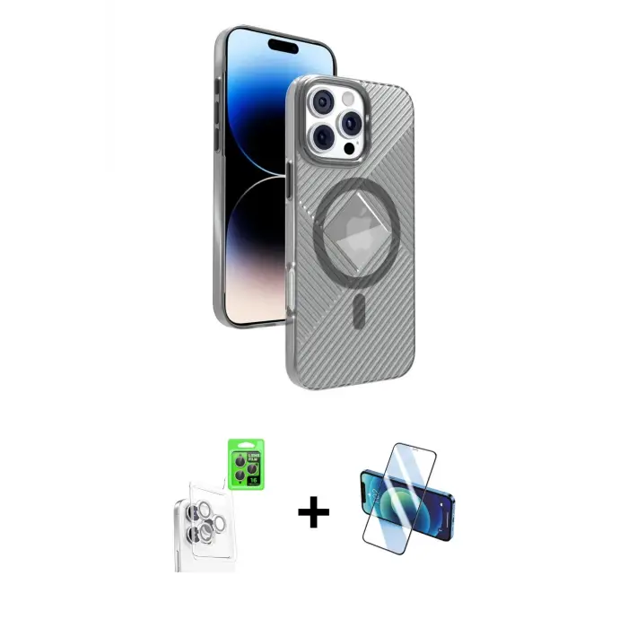 ieg™ iPhone 16 Pro Max Kılıf Nova Modern Prime - Siyah 3D Antistatik Seramik Nano Ekran Koruyucu + Raze Metal Kamera Lens - BZ