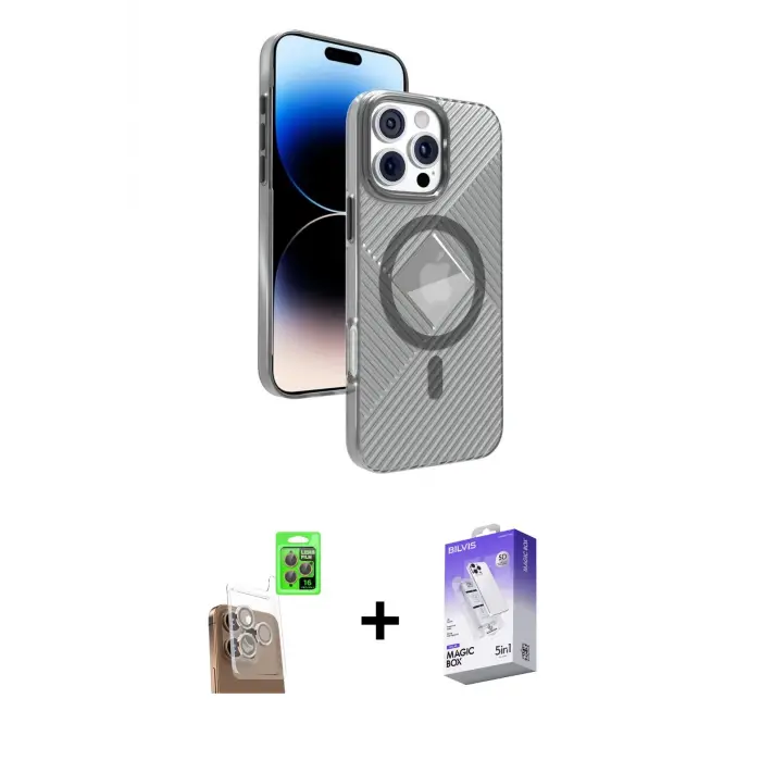 ieg™ iPhone 16 Pro Max Kılıf Nova Modern Prime - Siyah Bilvis 5in1 3D Magic Cam Ekran Koruyucu + Raze Metal Kamera Lens - CLTM