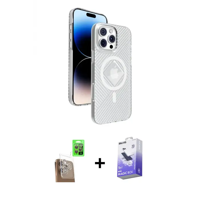 ieg™ iPhone 16 Pro Max Kılıf Nova Modern Prime - Siyah Bilvis 5in1 5D Magic Hayalet Cam Ekran Koruyucu + Raze Metal Kamera Lens - CLTM