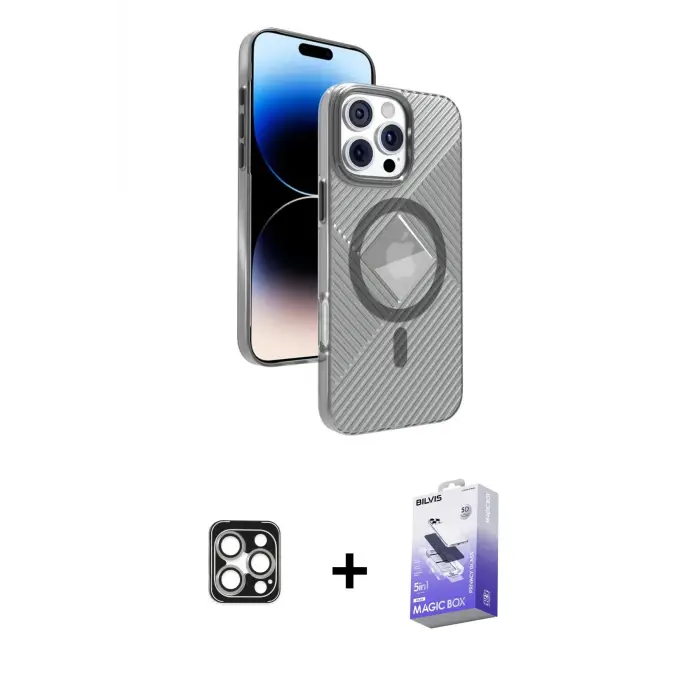 ieg™ iPhone 16 Pro Max Kılıf Nova Modern Prime - Siyah Bilvis 5in1 5D Magic Hayalet Cam Ekran Koruyucu + PVD Metal Kamera Lens - GS