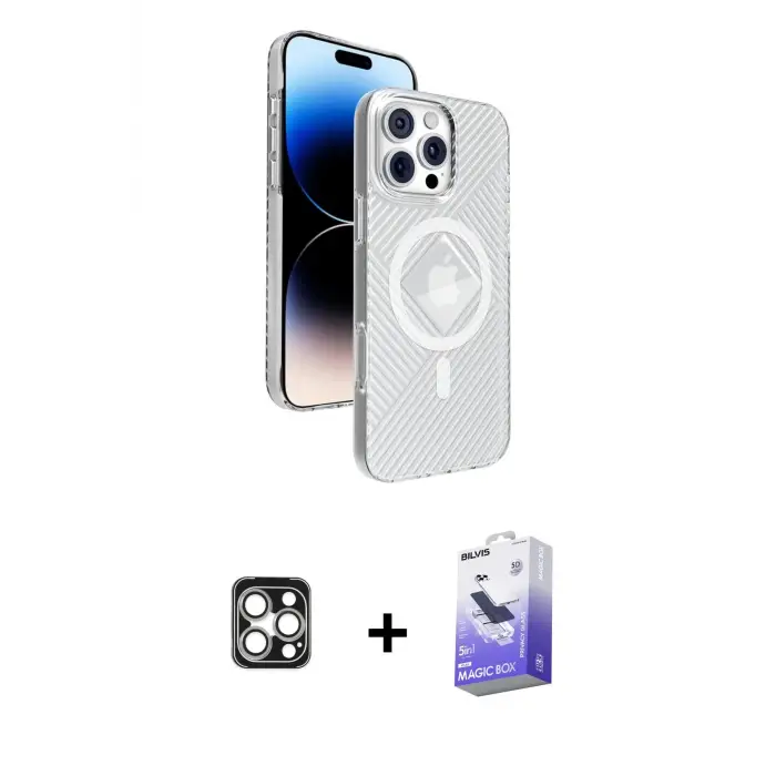ieg™ iPhone 16 Pro Max Kılıf Nova Modern Prime - Siyah Bilvis 5in1 5D Magic Hayalet Cam Ekran Koruyucu + PVD Metal Kamera Lens - GS